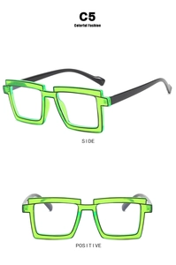 Front and side views of fluorescent green square TR90 glasses with black temples