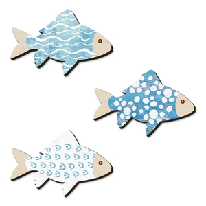 Lot de 3 décorations murales en bois en forme de poisson aux motifs nautiques bleus