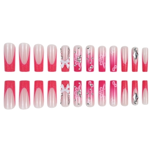 Pink French press-on nails set featuring glitter accents and 3D white bow decorations