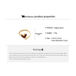 Detailed size specifications for 18k gold plated heart ring with zircon and dimensions
