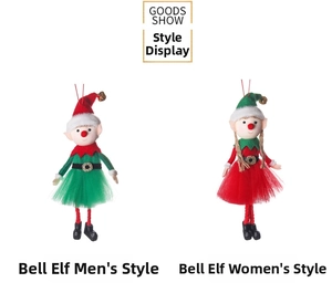 Detail view of plush Christmas elf bell ornaments in red and green festive male and female styles