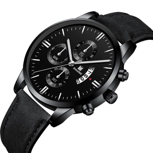 Detail view of SHAARMS black chronograph watch with suede leather strap and date display