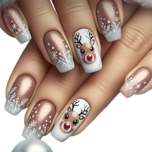 Christmas square fake nails with reindeer, snowflake and rose gold glitter gradient