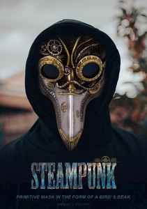 Detailed steampunk plague doctor mask with metallic gears and goggles worn by a model