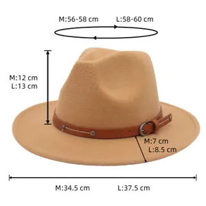 Size chart for khaki wool felt fedora hat with precise crown and brim measurements