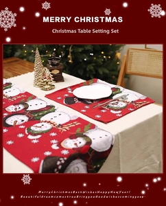Detailed Christmas table runner and placemat set with festive snowman and snowflake motifs