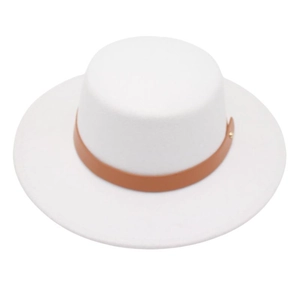 Classic white wool felt flat top boater hat with a brown leather decorative band