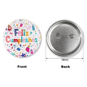 Detailed 58mm tinplate badge showing front and back views for birthday party decor