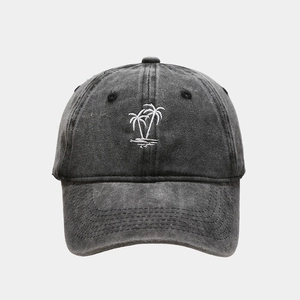 Vintage washed dark grey cotton baseball cap with white coconut tree embroidery