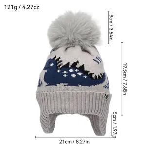 Winter-Strickmütze für Jungen mit Dino-Muster und flauschigem Kunstfell-Bommel