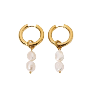 18K gold plated stainless steel hoop earrings with double white baroque pearls
