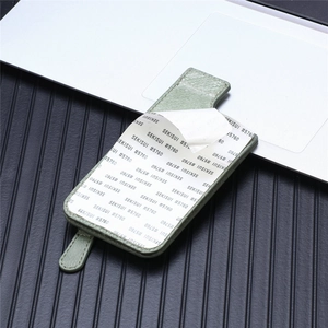 Detail showing light green leather phone card holder with 3M adhesive and stitching
