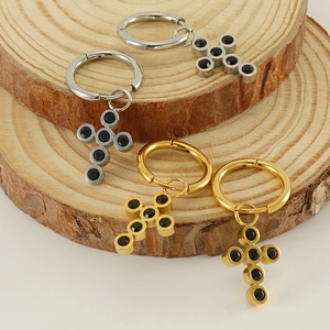 18k gold and silver stainless steel cross hoop earrings with black stones for women