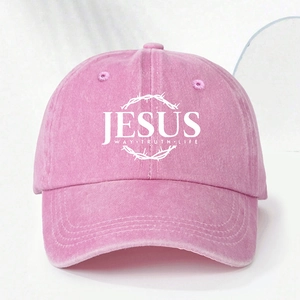 Pink washed cotton baseball cap featuring white JESUS text and crown of thorns print