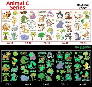 Luminous animal tattoo stickers showing day color and night glowing effect for kids party