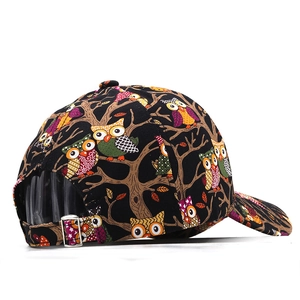 Unisex black baseball cap with colorful owl print and adjustable silver metal buckle