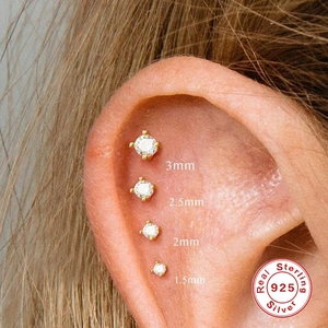 S925 sterling silver gold studs set with four-prong round zircon in 1.5mm to 3mm sizes