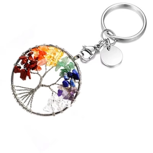 Macro detail of Tree of Life keychain featuring seven chakra natural crystal stones