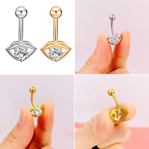 Lip shaped stainless steel belly button ring with zircon stone in gold and silver