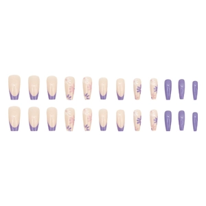 Lilac floral French press-on nails set with 24 pieces in long trapezoid shape