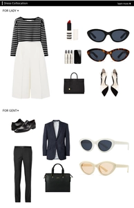 Flat lay fashion set showing marble oval sunglasses with professional modern outfit items