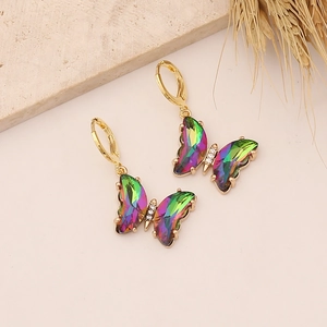 Gradient butterfly drop earrings in 18K gold finish with colorful crystal wings