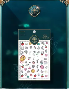 Macro view of KX052 nail stickers featuring cartoon lion and rabbit illustrations
