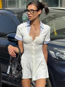 Knit Mini Dress Contrast Stripe Polo Collar Button Front Slim Fit Short Sleeve Preppy Streetwear Fashion For Women
