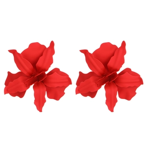 Exaggerated red matte flower earrings with 3D pleated geometric petals for streetwear