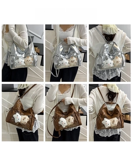 Collage of silver and brown large capacity bags showing versatile shoulder and backpack styles