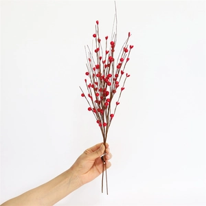 Artificial Red Berry Branches Foam Holly Stems With Bendable Iron Wire For Christmas New Year Home Table Vase Filler Decor