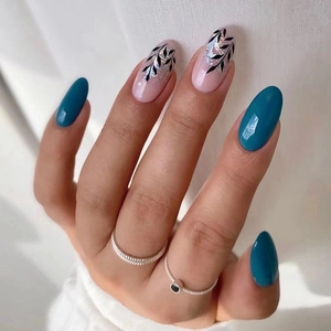 Oval Press On Nails Teal Blue Pink Glossy Silver Foil Glitter Black Leaf Pattern Artificial Fake Finger Nails Women