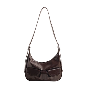 Dark brown glossy patent leather hobo bag with vintage double pockets and silver hardware