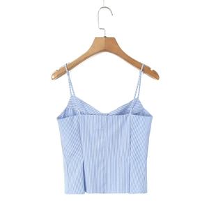 Detail of blue and white vertical striped camisole with V-neckline and thin straps