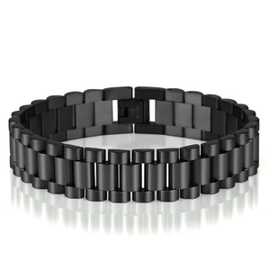 Macro detail of high-quality black stainless steel link bracelet with polished finish