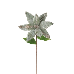 Poinsettia artificiel vert sauge avec paillettes argentées pour sapin de Noël