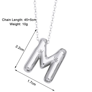 Detailed size chart of a silver letter M pendant necklace with dimensions and chain length