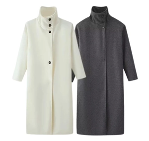 Detail of wool blend overcoat showing high collar with three buttons in cream and grey