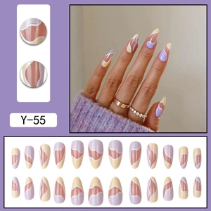 Abstract wave press on nails in purple and peach tones, long almond shape, 24 pieces set