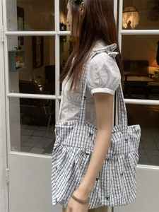 Chic pleated plaid tote bag with ribbon bow print for casual daily shoulder wear