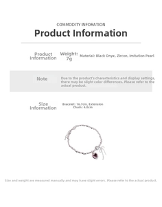 Detailed view of zircon pearl bow bracelet with heart pendant and size specifications