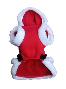 Detail of red Christmas pet costume featuring soft white fleece trim and a black belt