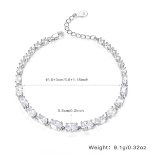 Detailed view of S925 sterling silver oval zircon bracelet with precise dimensions and weight