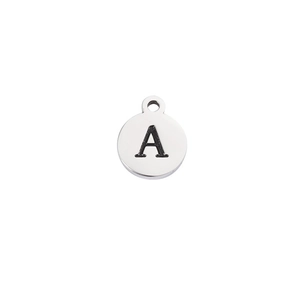 Polished silver stainless steel round pendant featuring engraved letter A with top ring loop