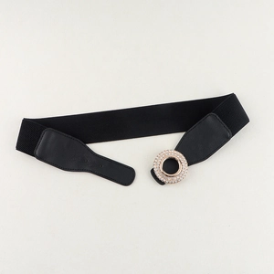 Women black elastic waist belt with geometric sparkling rhinestone round buckle