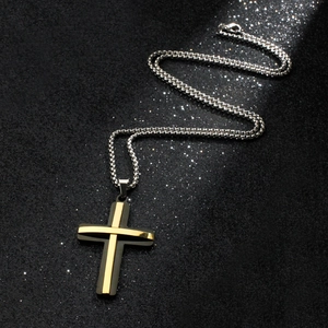 Double-layer stainless steel cross pendant necklace with black matte and gold finish