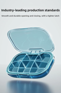 Blue translucent multi-grid medicine box showing snap lids and smooth opening mechanism