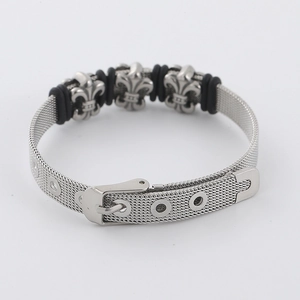 Silver stainless steel mesh bracelet with fleur-de-lis charms and adjustable buckle strap