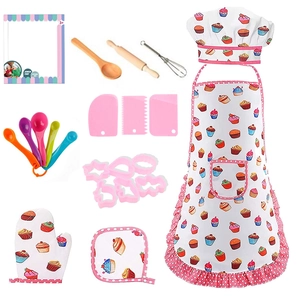 Kids baking set with cupcake apron, chef hat and rolling pin on white background