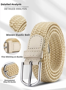 Detail view of beige braided elastic belt with silver alloy buckle and fine stitching